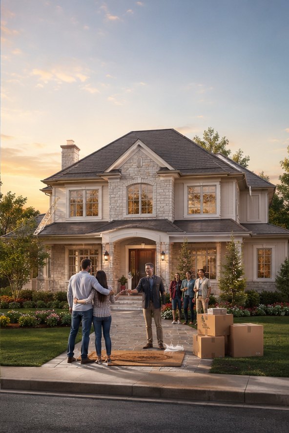 The restored home at dusk as the family is handed the keys