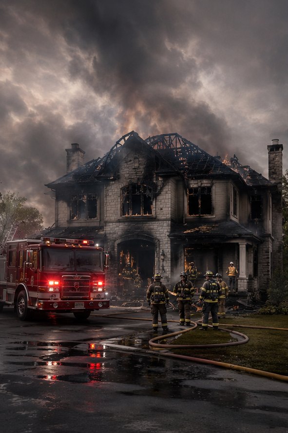 A home after a major fire, with the response crew on scene