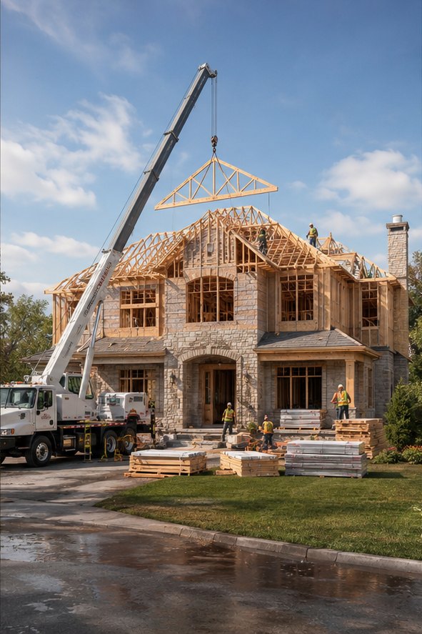 The same home being rebuilt, a crane setting roof trusses
